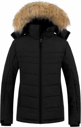 Pursky Women's Waterproof Ski Jacket Winter Puffer Snow Coat Fur Hooded Raincoat