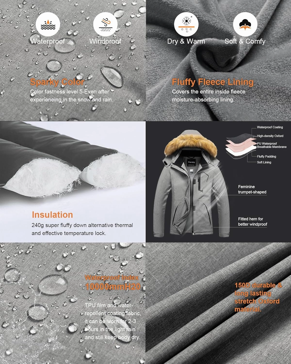 Pursky Women's Waterproof Ski Jacket Winter Snow Coats Fur Hooded Raincoat Parka