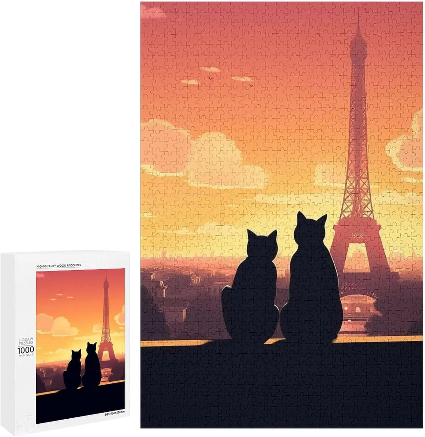 Puzzles for Adults 1000 Pieces - Eiffel Tower and Cats at Sunset Best Challenging Puzzles for Cognitive Workout - Safe Eco-Friendly - Most Popular Leisure Activities