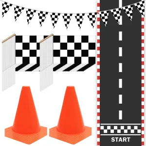 Race Car Party Supplies, 38 Pcs Set: 24 Checkered Flags, 12 Mini Traffic Cones, 6.5Ft Racetrack Mat, 9.8Ft Hanging Flag, Birthday Decorations