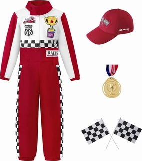 Race Car Driver Costume Boy Girl,Kid Racer Jumpsuit with Car Cap,Toddler Racing Costume Halloween with Accessories