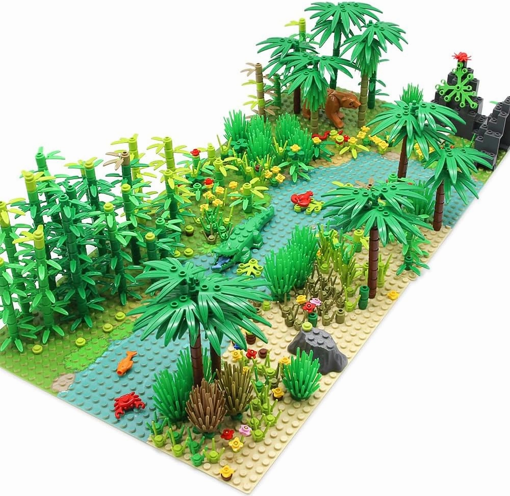 Rainforest Jungle Trees Building Blocks Bricks with 2 Base Plates (10 Inches for Each), Forest Garden Plants Flowers Bushes Animals Kit, Botanical Parts Scenery Toys Compatible with Major Brands