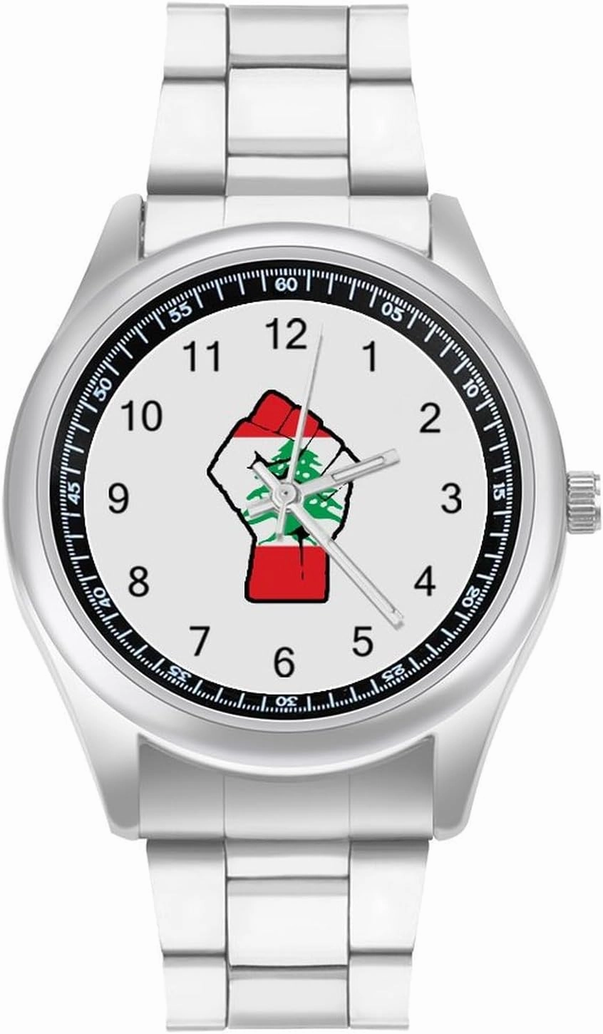 Raised Fist Lebanon Flag Casual Wrist Watches for Men Classic Business Dress Watch Big Face for Work Gym, style