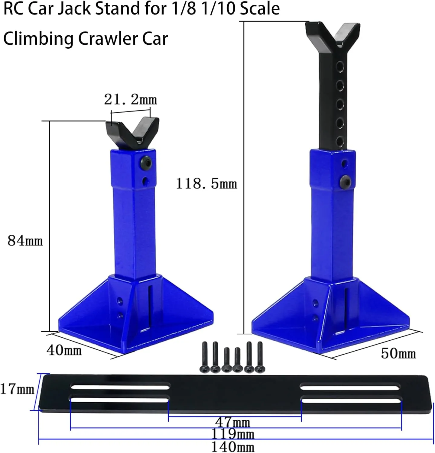 RC Car Jack Stand for 1/8 1/10 Scale Climbing Crawler Car Jack Stand Accessory for Traxxas TRX4 Axial SCX10 RC4WD Tamiya CC01 D90 HPI HSP D110 TF2 Redcat Gen7 Gen8, 2 Pairs Metal Jack Stand(Blue)