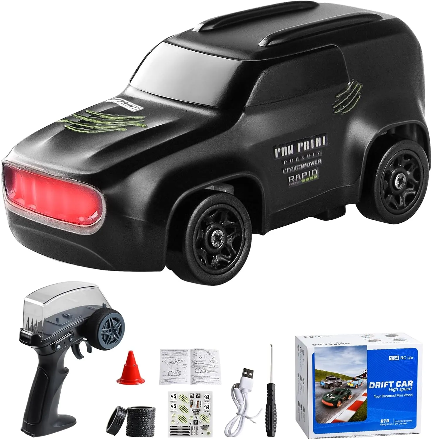 RC Drift Car 1:64 Mini Desktop RC Drift Car, 2.4GHz Scale 4WD High Speed Remote Control Cars Vehicle with LED Lights, Racing Tires, Racing Sport Toy Cars for Adults Boys Girls Kids (Black)
