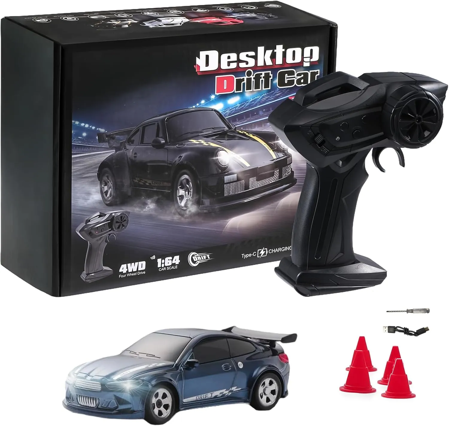 RC Drift Car, 1/64 Scale Mini Drift Cars, 2.4GHz Full Proportional RTR High Speed Remote Control Car, 4WD Fast RC Cars with Lights, Hobby Race Vehicle Toy Birthday Gift for Kids, Boys, Girls, Adults