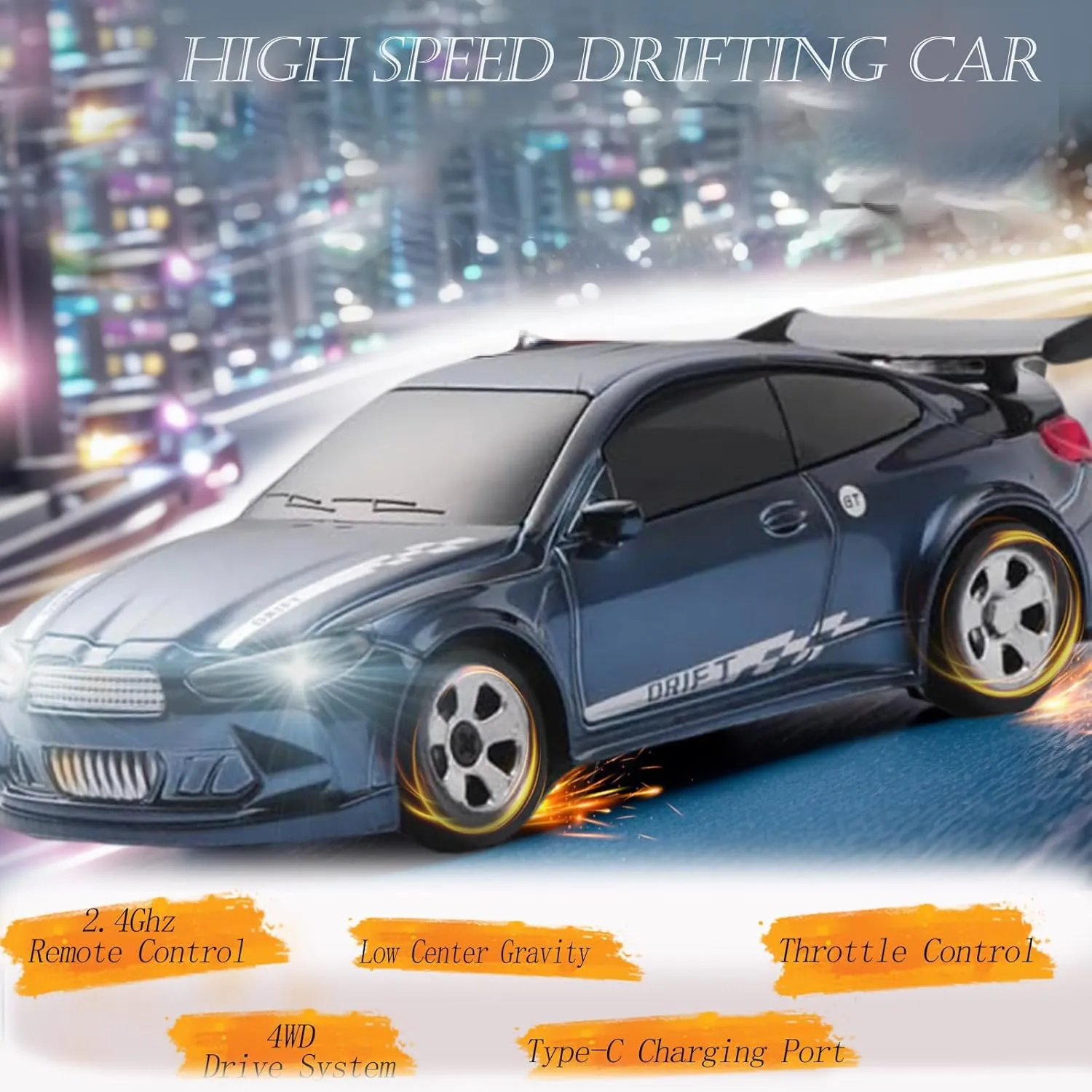 RC Drift Car, 1/64 Scale Mini Drift Cars, 2.4GHz Full Proportional RTR High Speed Remote Control Car, 4WD Fast RC Cars with Lights, Hobby Race Vehicle Toy Birthday Gift for Kids, Boys, Girls, Adults