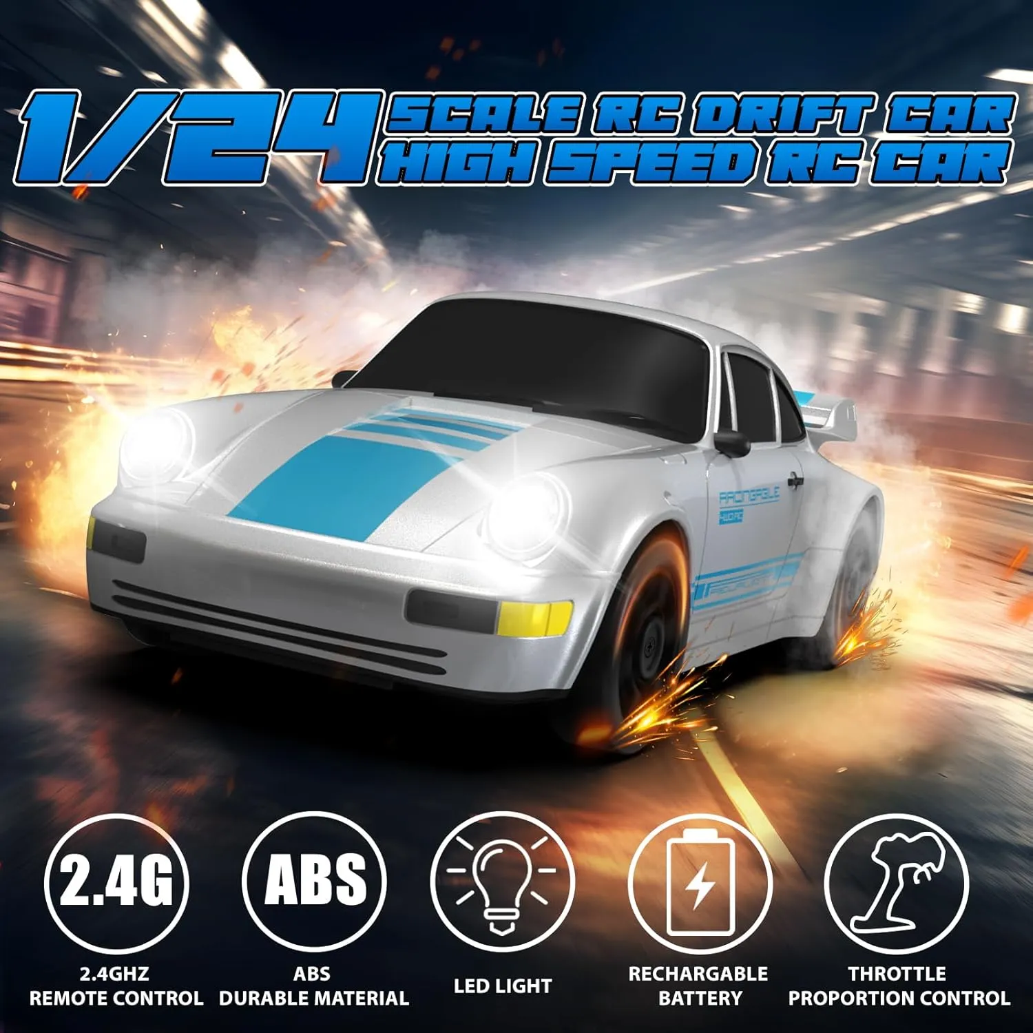 RC Drift Car Remote Control Car 2.4GHz 1/24 4WD 15KM/H High Speed Racing Sport with LED Lights Drifting Tire Racing Sport Toy for Adults Boys Girls Kids Gift 2Pcs Rechargeable Batteries