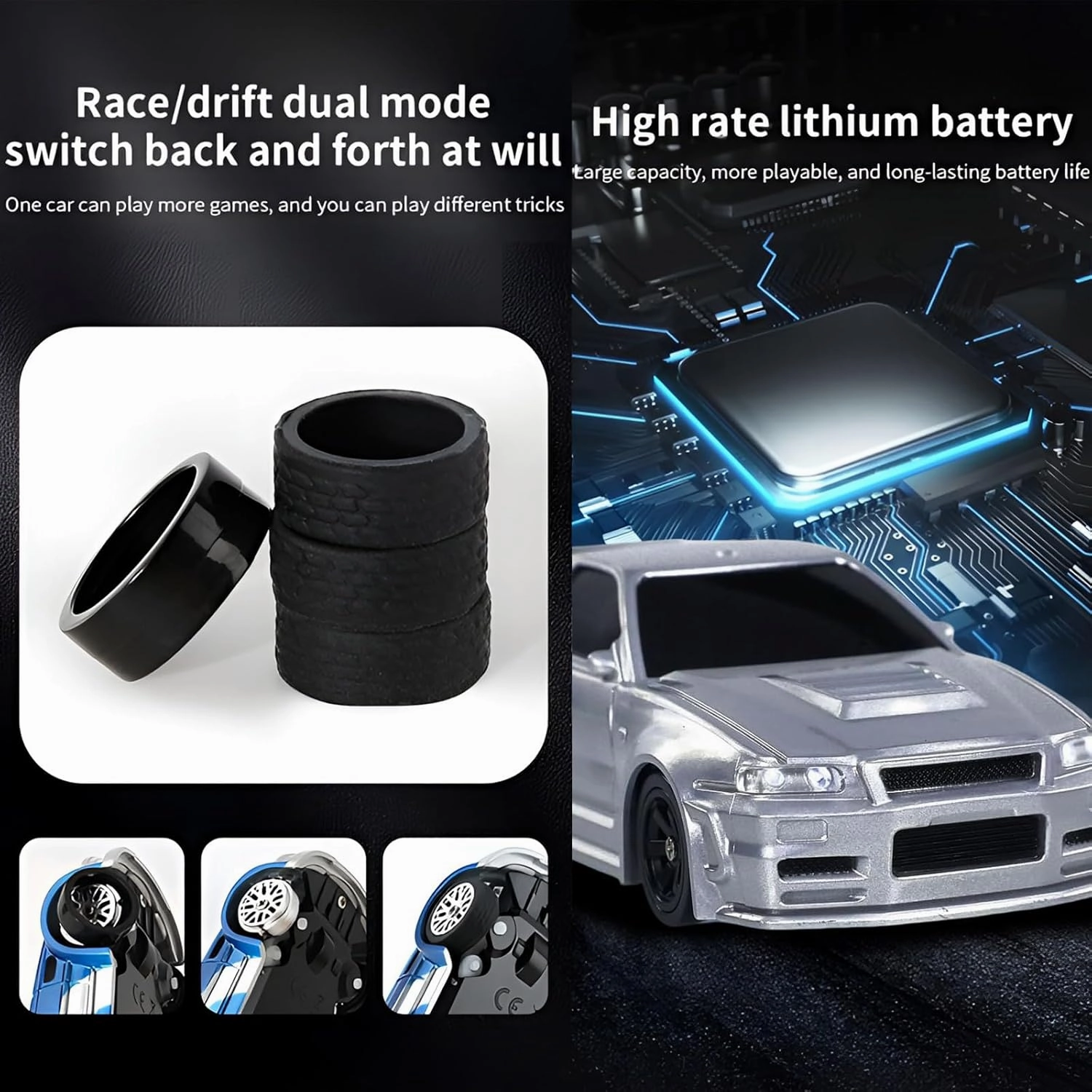 Rc Drift Car, 1/43 Scale 4WD with Full Proportional Control & 2.4G High Speed, 15km/h, LED Lights & Drift Tires, RTR Mini Racing Car for Adults - Indoor/Outdoor Use (4304 1Battery Box)