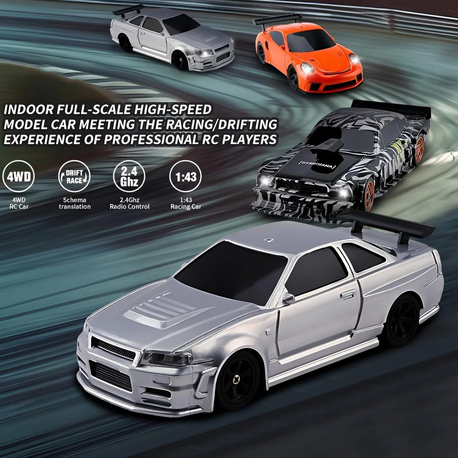Rc Drift Car, 1/43 Scale 4WD with Full Proportional Control & 2.4G High Speed, 15km/h, LED Lights & Drift Tires, RTR Mini Racing Car for Adults - Indoor/Outdoor Use (4304 1Battery Box)