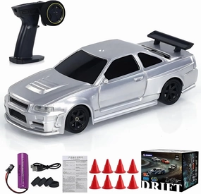 Rc Drift Car, 1/43 Scale 4WD with Full Proportional Control & 2.4G High Speed, 15km/h, LED Lights & Drift Tires, RTR Mini Racing Car for Adults - Indoor/Outdoor Use (4304 1Battery Box)