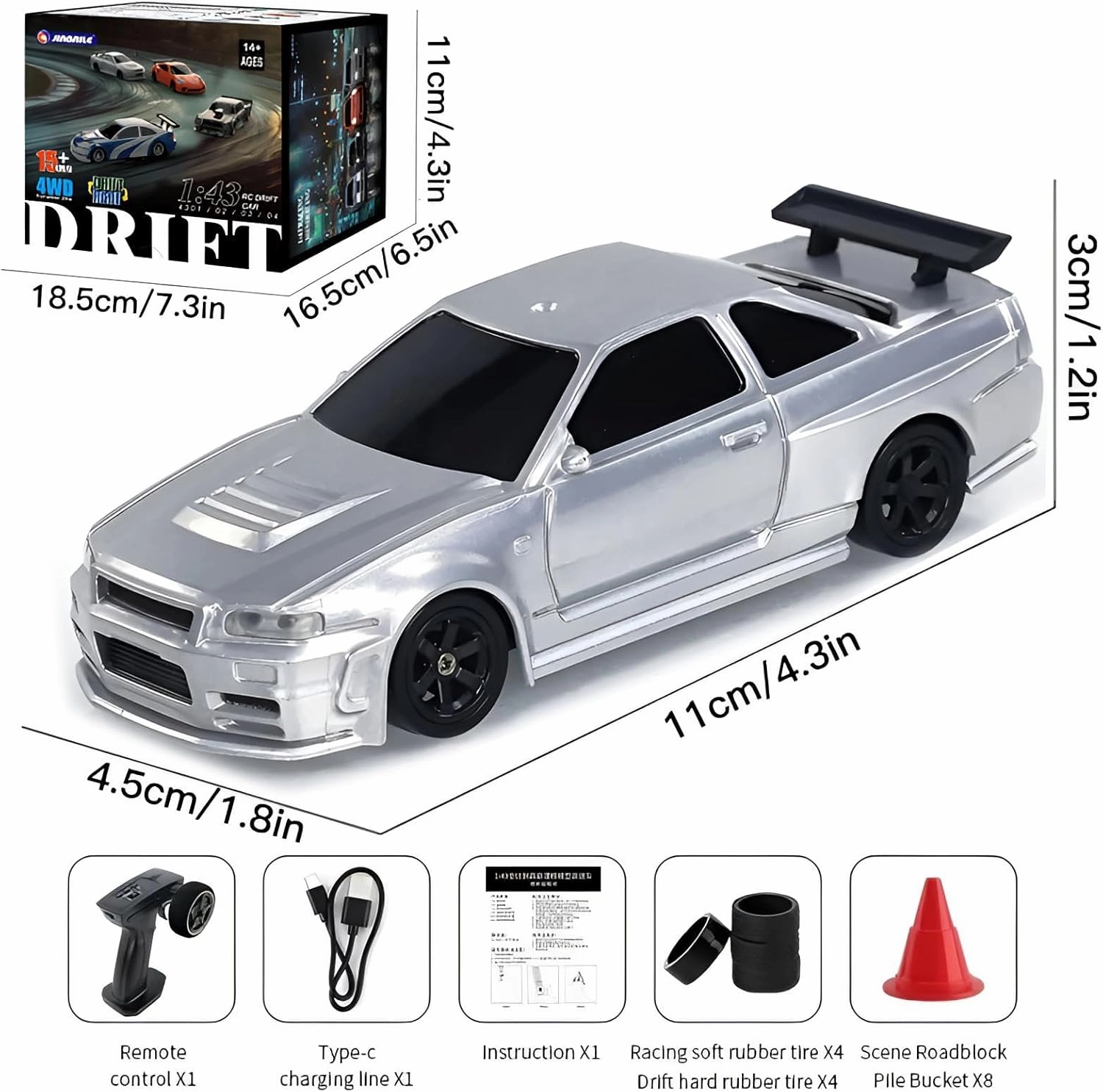 Rc Drift Car, 1/43 Scale 4WD with Full Proportional Control & 2.4G High Speed, 15km/h, LED Lights & Drift Tires, RTR Mini Racing Car for Adults - Indoor/Outdoor Use (4304 1Battery Box)
