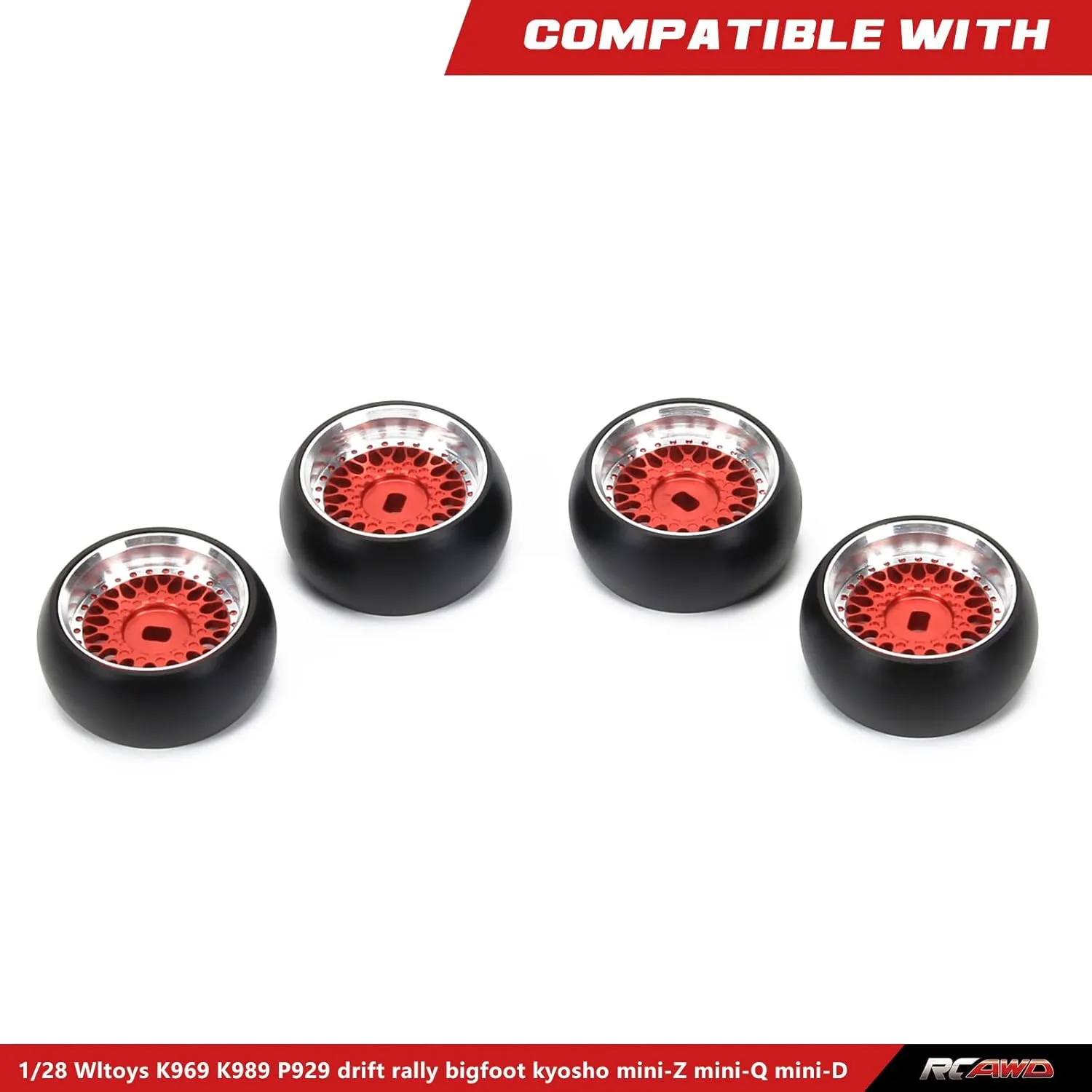 RCAWD RC Wheel Rim and Drift Tire for 1/28 Wltoys Rally Kyosho Mini-Z Mini-Q Mini-D Parts, K969 K989 P929 Upgrades, No More Glue RC Wheels Set Red