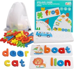 Reading & Spelling Learning Toy,Wooden Educational Developmental Toy Sight Words Spelling Skills with 28 Double Sided Flash Cards and 52 Letters Great Gift for 3 4 5 Years Girl Boy