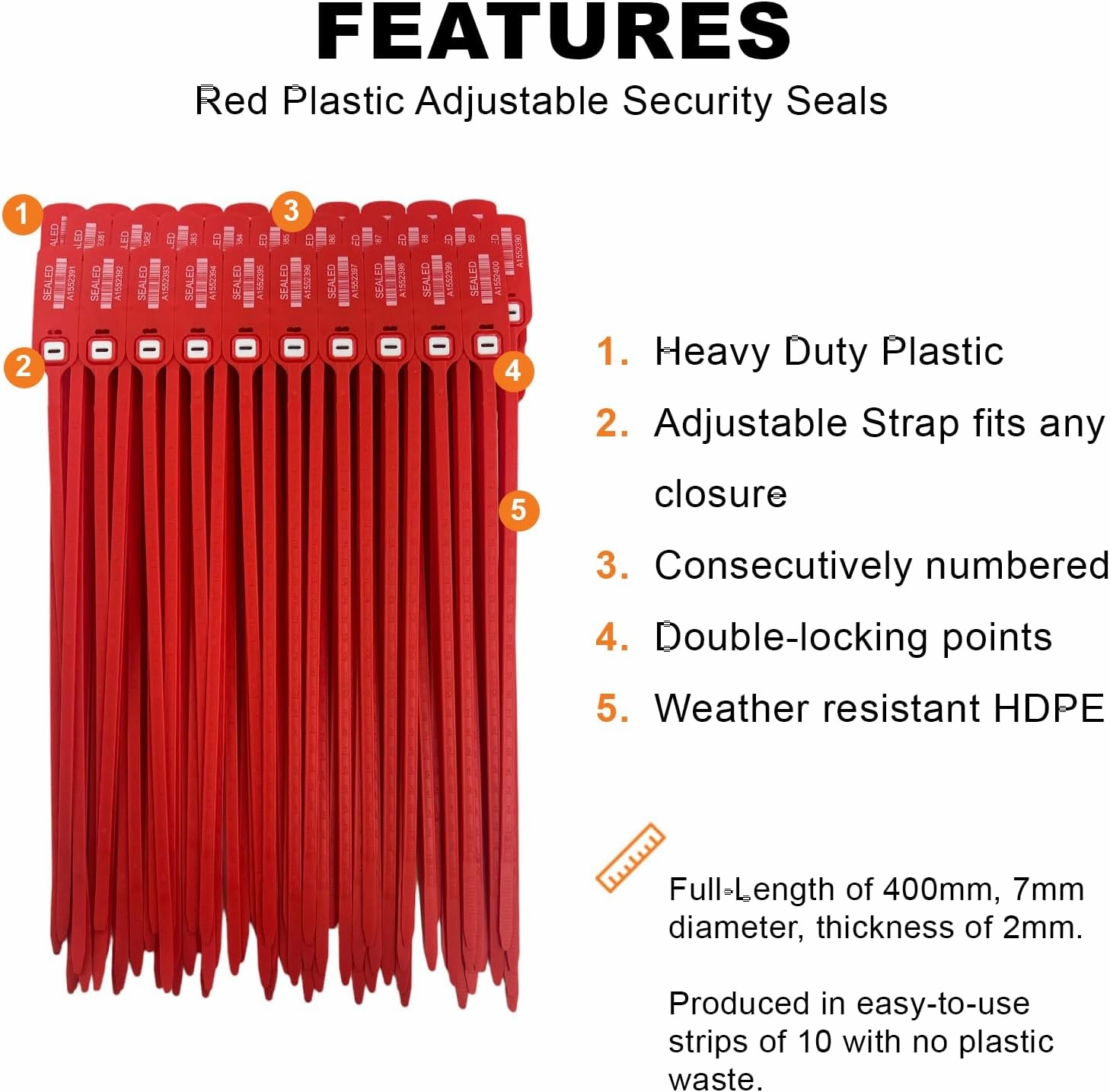 Red Plastic Security Seals (16") - Large Self Locking Shipping Seal with Print Progressive Numbering – Tamper Proof for Trucks, Trailers, Cargo, Containers, Luggage (200ct)