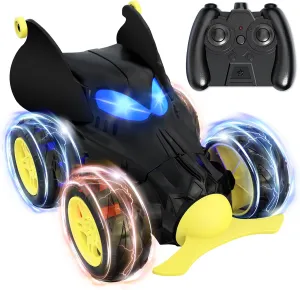 Remote Control Car for Boys, 360° Rotating 4WD Stunt RC Cars with Cute Cool LED Lights, 2.4GHz Rechargeable Car Toys Birthday Gifts for Kids Boy Age 3-6 7-9 10-12 (Black)
