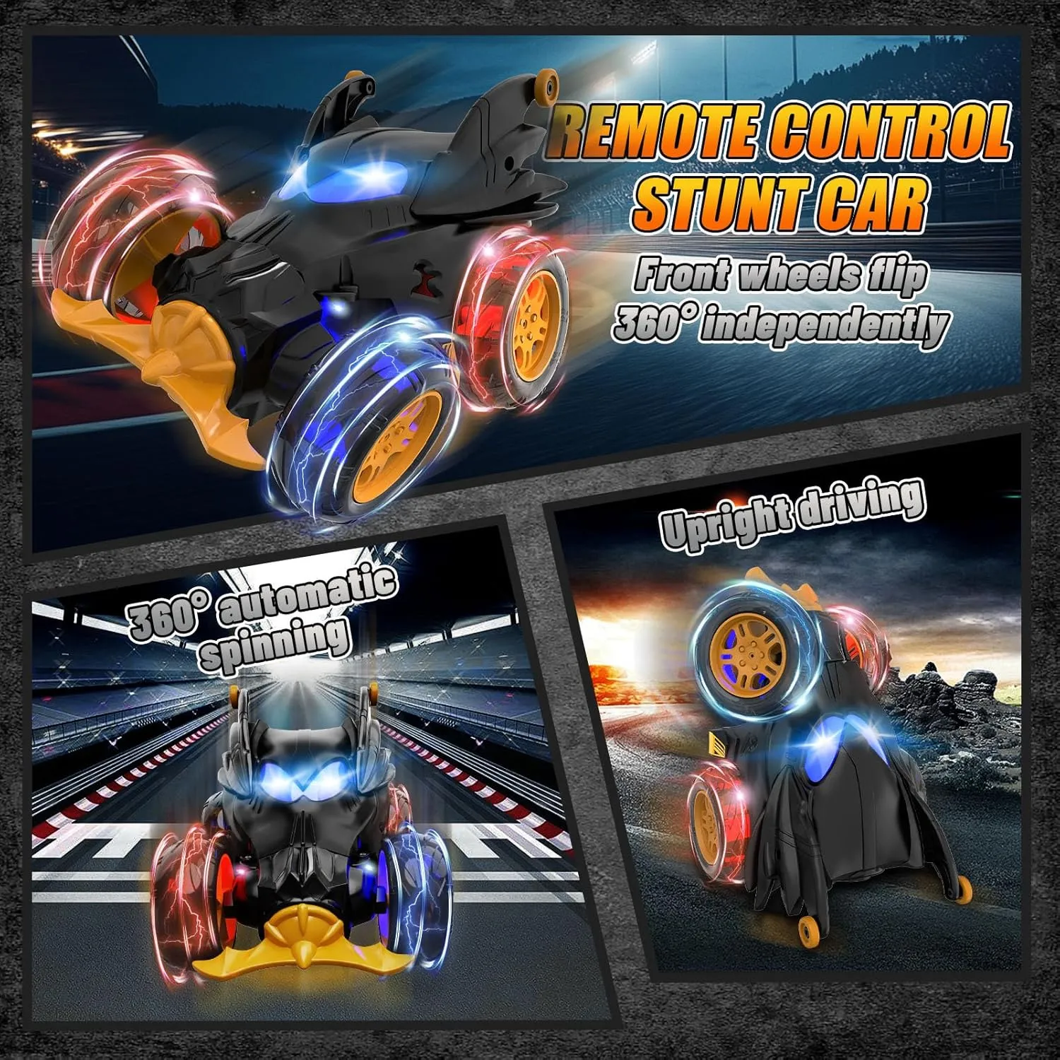 Remote Control Car for Boys, 360° Rotating 4WD Stunt RC Cars with Cute Cool LED Lights, 2.4GHz Rechargeable Car Toys Birthday Gifts for Kids Boy Age 3-6 7-9 10-12 (Black)