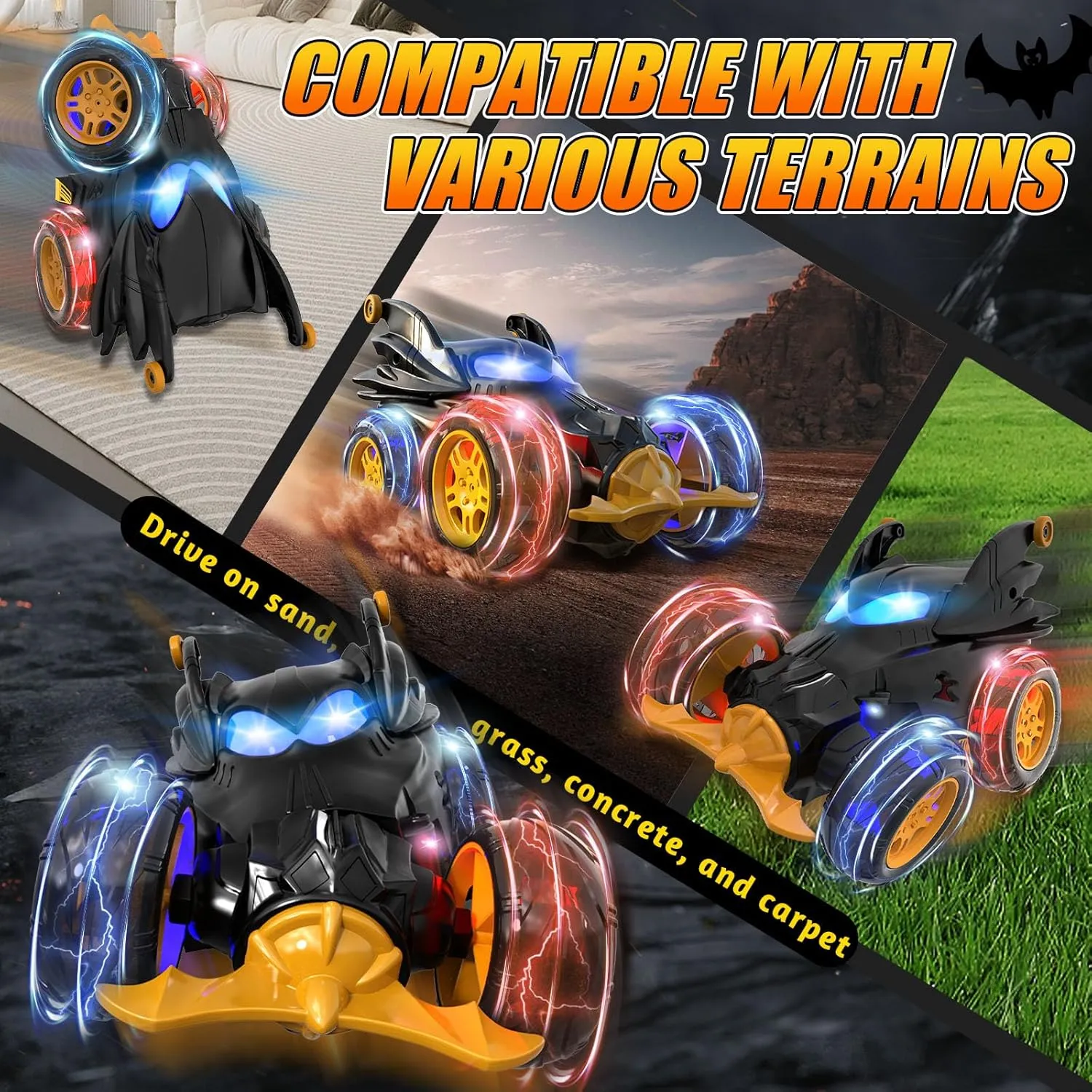 Remote Control Car for Boys, 360° Rotating 4WD Stunt RC Cars with Cute Cool LED Lights, 2.4GHz Rechargeable Car Toys Birthday Gifts for Kids Boy Age 3-6 7-9 10-12 (Black)