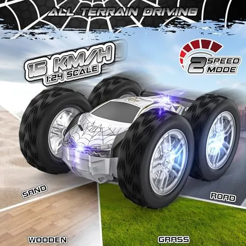 Remote Control Car for Kids, RC Stunt Cars Toys for Boys Ages 4-7 with Cool Double-Sided Pattern and LED Flash, 1:24 Vehicle Toy Car Hobby Racing Car Toys Gift for 3 4 5 6 7 8 9 Year Old Boys