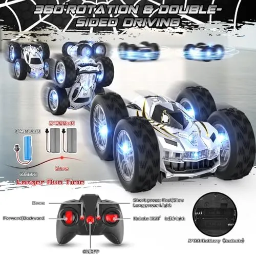 Remote Control Car for Kids, RC Stunt Cars Toys for Boys Ages 4-7 with Cool Double-Sided Pattern and LED Flash, 1:24 Vehicle Toy Car Hobby Racing Car Toys Gift for 3 4 5 6 7 8 9 Year Old Boys