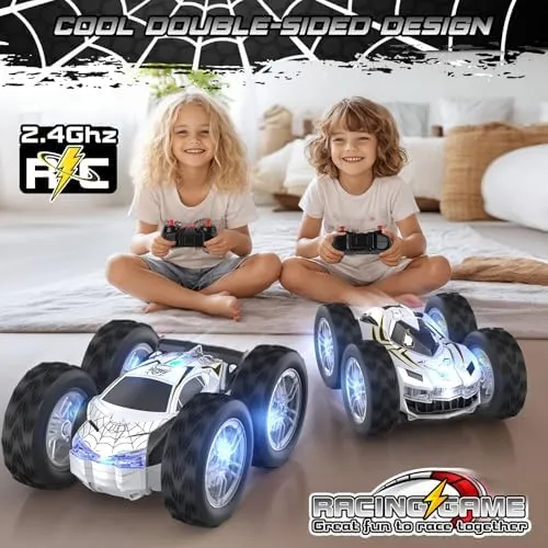 Remote Control Car for Kids, RC Stunt Cars Toys for Boys Ages 4-7 with Cool Double-Sided Pattern and LED Flash, 1:24 Vehicle Toy Car Hobby Racing Car Toys Gift for 3 4 5 6 7 8 9 Year Old Boys