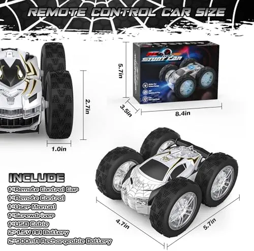 Remote Control Car for Kids, RC Stunt Cars Toys for Boys Ages 4-7 with Cool Double-Sided Pattern and LED Flash, 1:24 Vehicle Toy Car Hobby Racing Car Toys Gift for 3 4 5 6 7 8 9 Year Old Boys