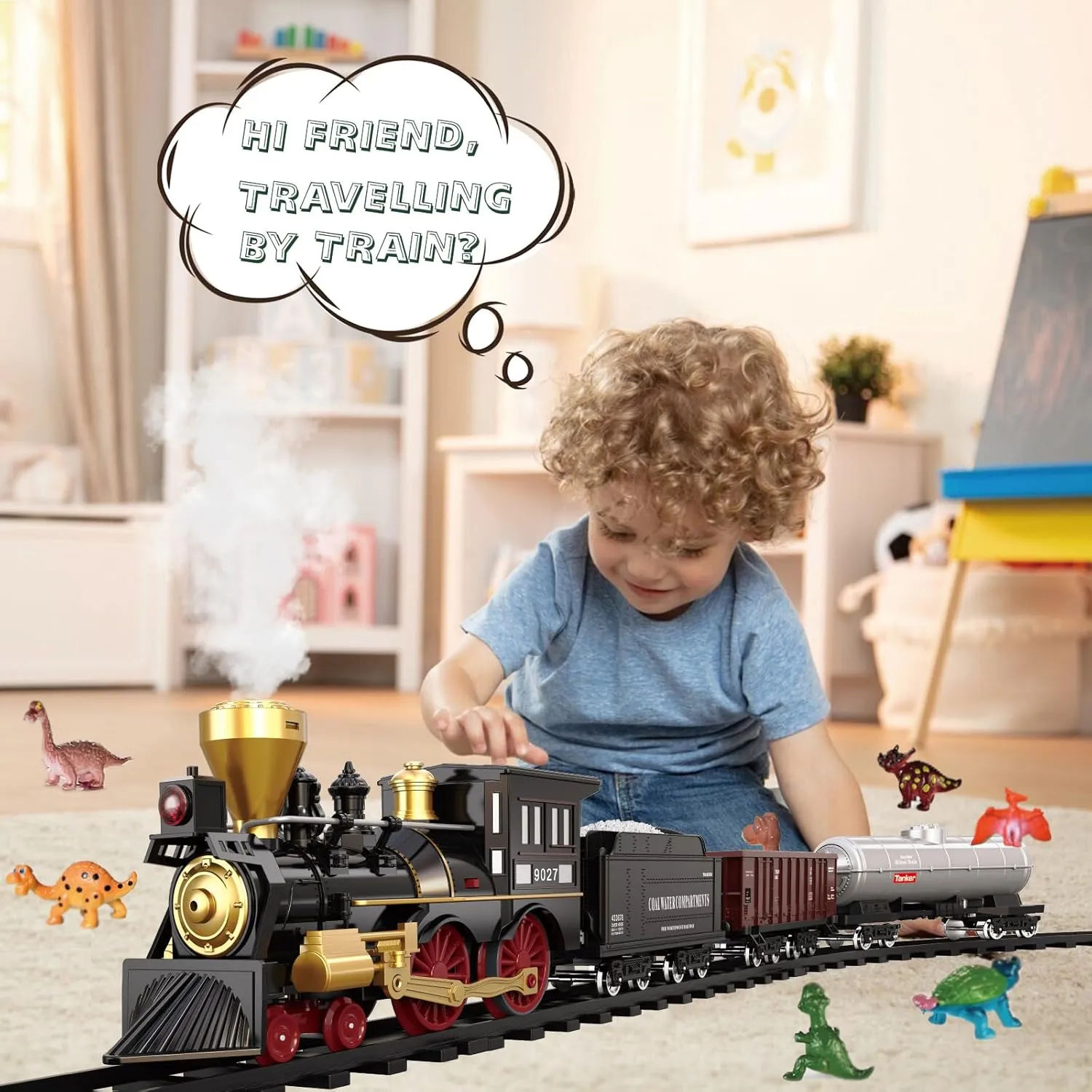 Remote Control Train Set for Kids Electric Steam Engine Locomotive, Oil Tank Train, Cargo Cars & Tracks, Realistic Smoke,Sounds & Lights, Rechargeable Birthday Gifts for Boys Girls 3 4 5 6 7  … …