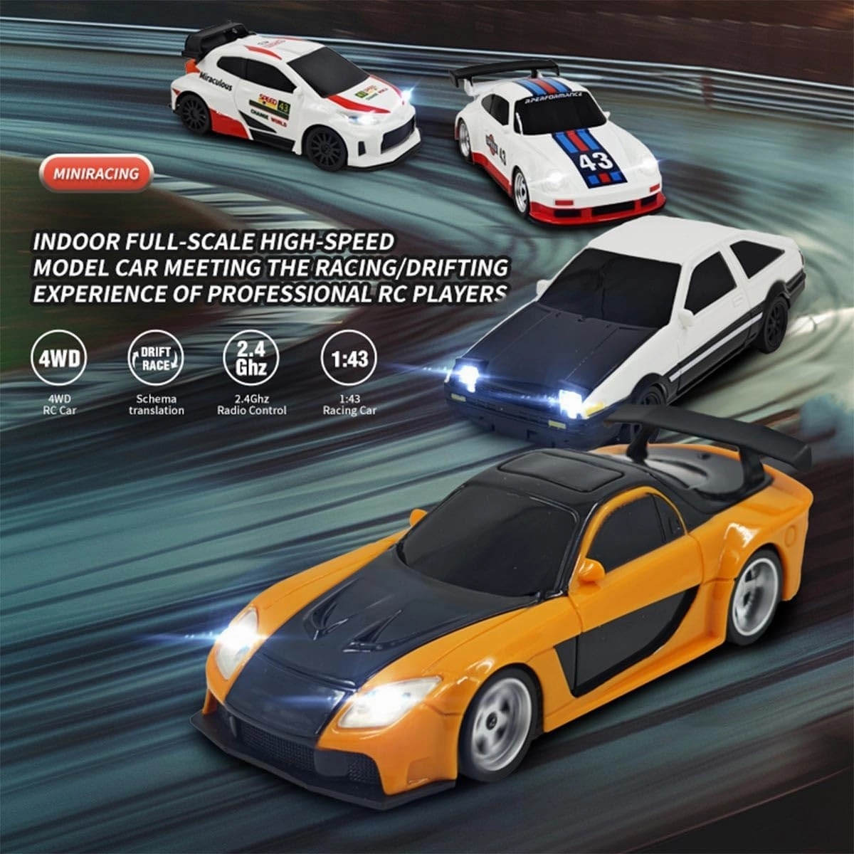 Remote Control Mini Car Model with LED Lights, 1/43 Scale 2.4G Full-Proportional RC Drift Racing Car, Max Speed 15km/h, Indoor Mini RC Hobbyist Gift (Gyro Version)