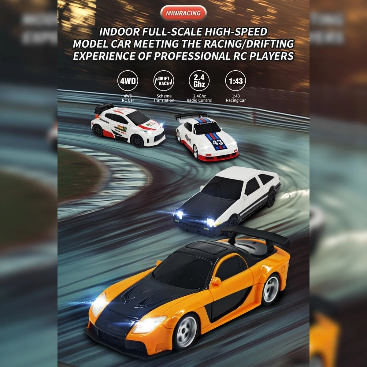 Remote Control Mini Car Model with LED Lights, 1/43 Scale 2.4G Full-Proportional RC Drift Racing Car, Max Speed 15km/h, Indoor Mini RC Hobbyist Gift (Gyro Version)