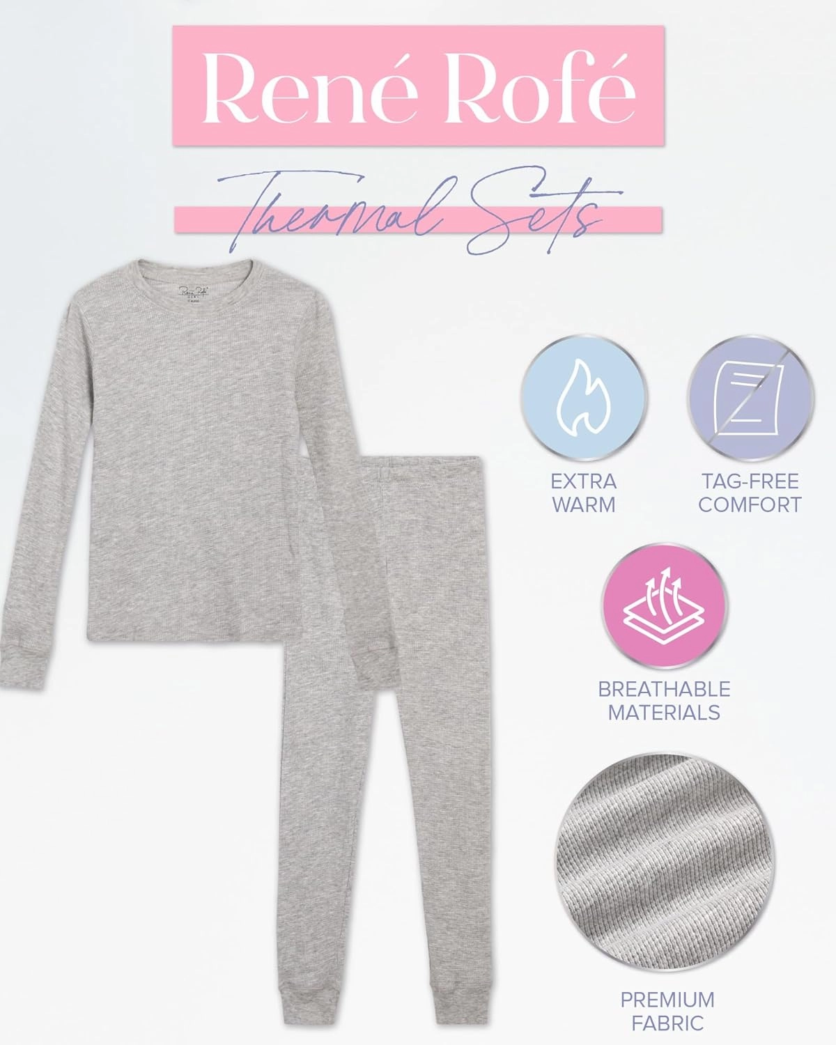 Rene Rofe Girls’ Thermal Underwear Set – 4 Piece Waffle Knit Top and Long Johns (2T-16)