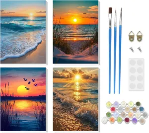 RICUVED Paint by Number for Adults Framed Canvas, 4 Pack Paint by Number Kits Landscape Arts and Crafts for Beginner, Easy DIY Beach Sunset Sea Acrylic Painting Number Kit for Home Decor(7.8X11.8inch)
