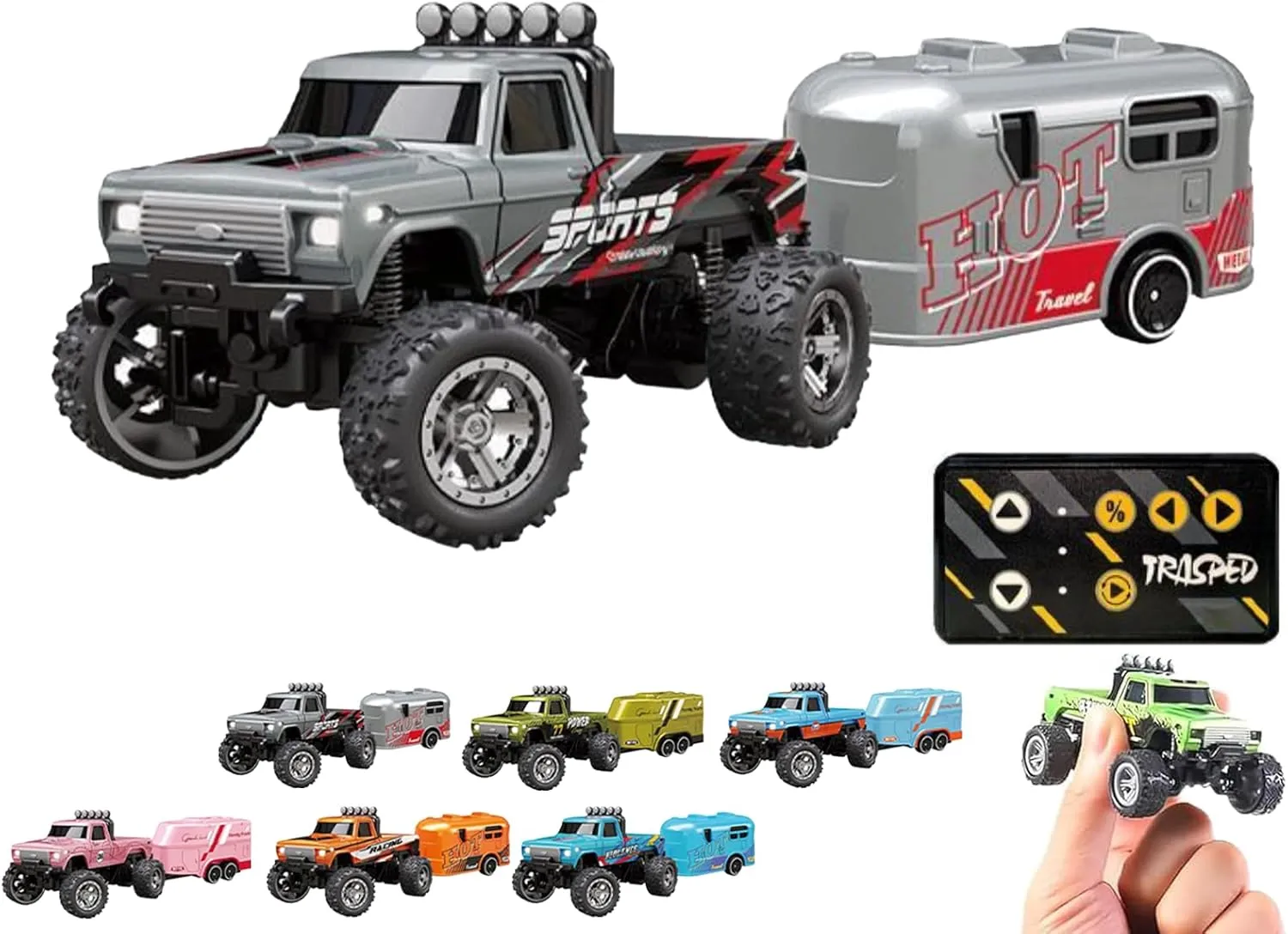 RipRush Mini Monster 1:64 Off-Road LED Alloy Racer – Rip Rush Compact Remote Control Truck with LED Lights, 2.4GHz Racing System, with Trailer, Speed/Steering Adjustable (Set C)