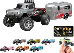RipRush Mini Monster 1:64 Off-Road LED Alloy Racer – Rip Rush Compact Remote Control Truck with LED Lights, 2.4GHz Racing System, with Trailer, Speed/Steering Adjustable (Set C)