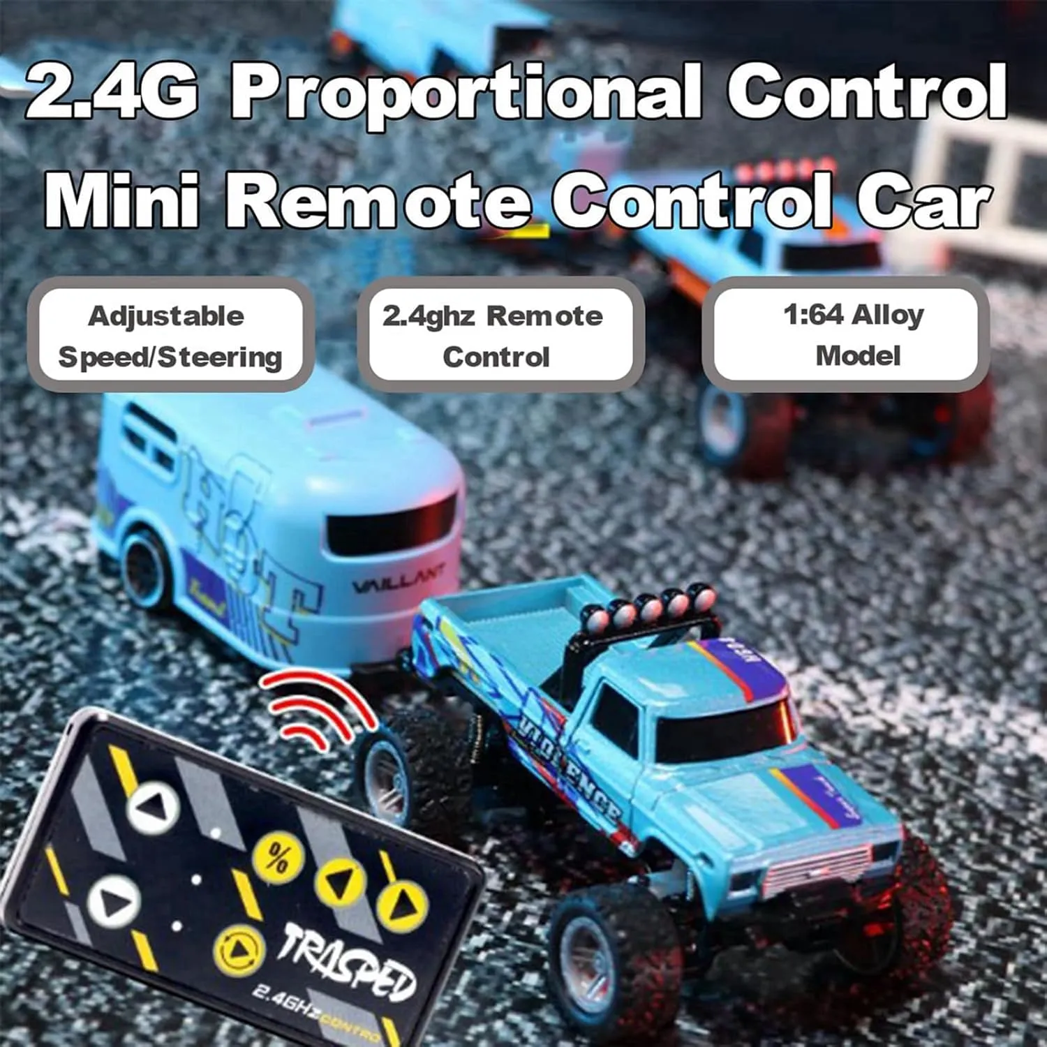 RipRush Mini Monster 1:64 Off-Road LED Alloy Racer – Rip Rush Compact Remote Control Truck with LED Lights, 2.4GHz Racing System, with Trailer, Speed/Steering Adjustable (Set C)