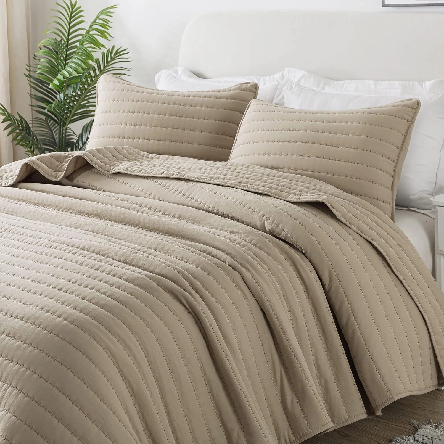 ROARINGWILD Beige Cream Tan Queen Size Quilt Bedding Sets with Pillow Shams, Full Lightweight Bedspread Coverlet, Quilted Blanket Thin Comforter Bed Cover for All Season, 3 Pieces, 90x90 inches