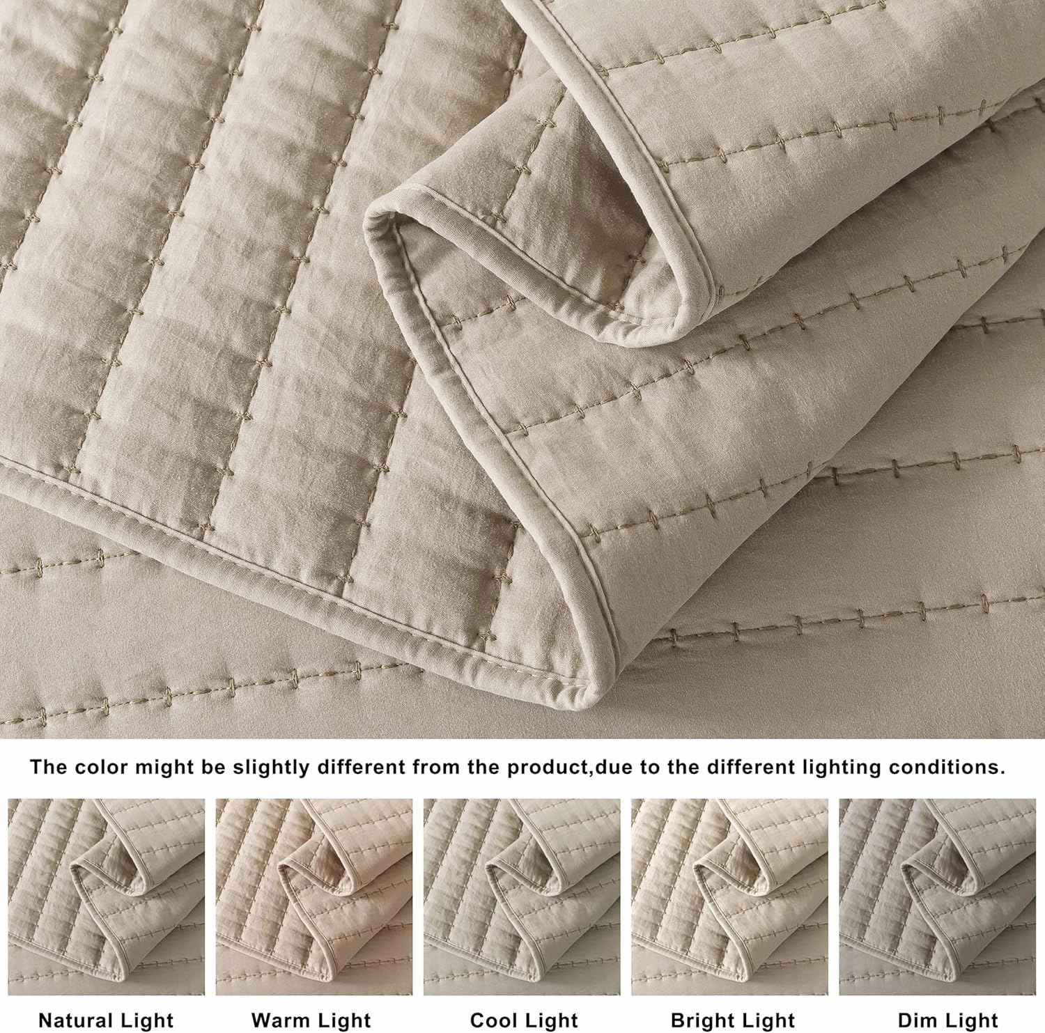 ROARINGWILD Beige Cream Tan Queen Size Quilt Bedding Sets with Pillow Shams, Full Lightweight Bedspread Coverlet, Quilted Blanket Thin Comforter Bed Cover for All Season, 3 Pieces, 90x90 inches