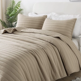 ROARINGWILD Beige Cream Tan Queen Size Quilt Bedding Sets with Pillow Shams, Full Lightweight Bedspread Coverlet, Quilted Blanket Thin Comforter Bed Cover for All Season, 3 Pieces, 90x90 inches