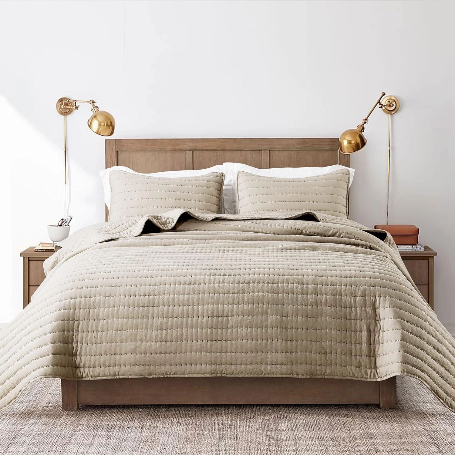 ROARINGWILD Beige Cream Tan Queen Size Quilt Bedding Sets with Pillow Shams, Full Lightweight Bedspread Coverlet, Quilted Blanket Thin Comforter Bed Cover for All Season, 3 Pieces, 90x90 inches