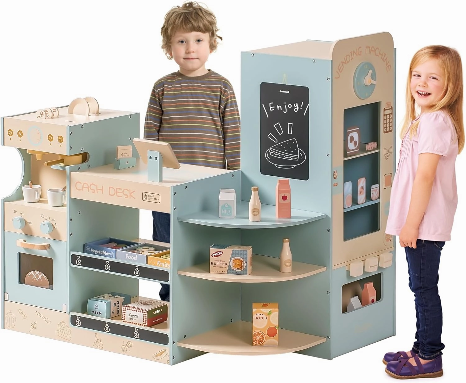 ROBOTIME Kids Grocery Store, Pretend Play Supermarket with Checkout Counter, Vending Machine Toy, Kids Coffee Maker & Cuting Food, Grocery Store Pretend Playset for Toddler Boys Girls