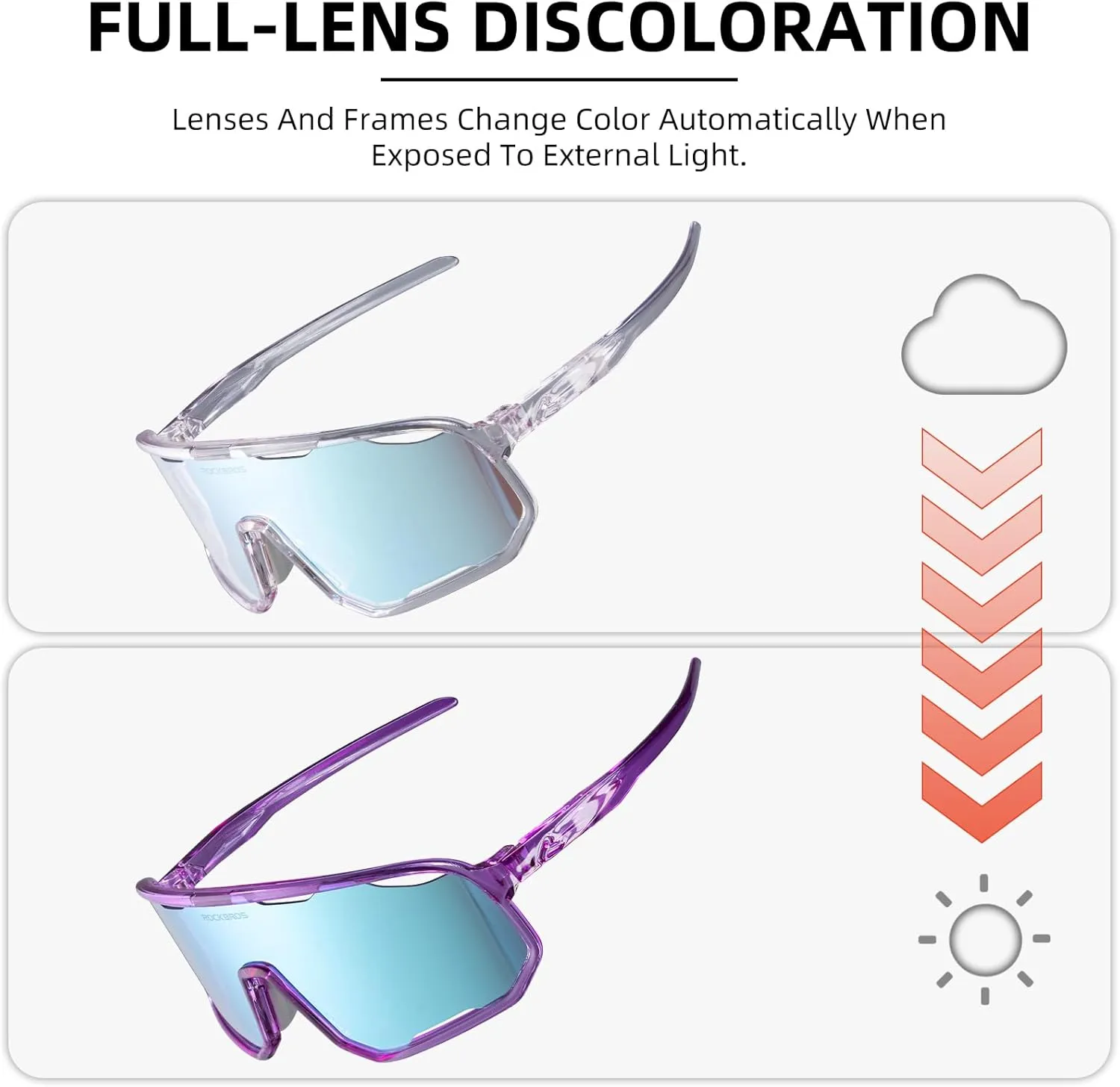 ROCKBROS Photochromic Sunglasses for Men Women,UV400 Protection Cycling Glasses,MTB Cycling Sports Sunglasses,3 Lenses