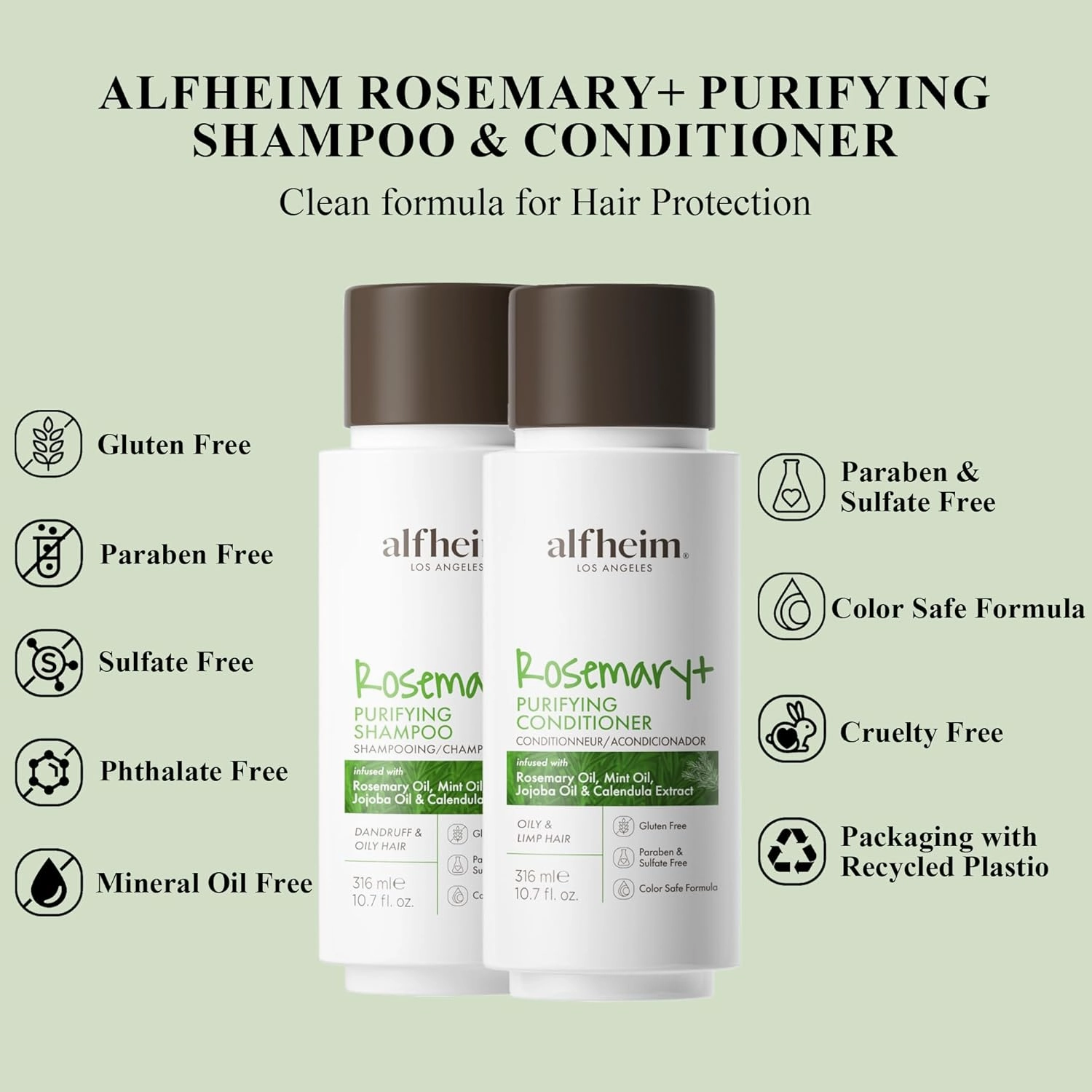 Rosemary  Purifying Shampoo & Conditioner Set | Rosemary & Peppermint Oil for Scalp Refresh & Oil Control | Jojoba & Calendula for Hydration & Shine | Sulfate-Free, Color-Safe | 10.7 oz Each