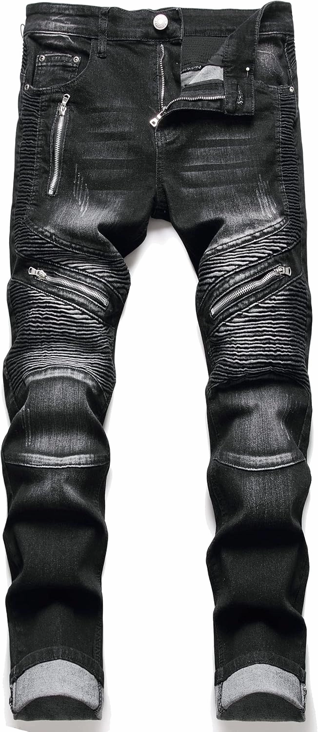 RXXKKK Men's Classic Zipper Biker Regular Fit Flex Jean