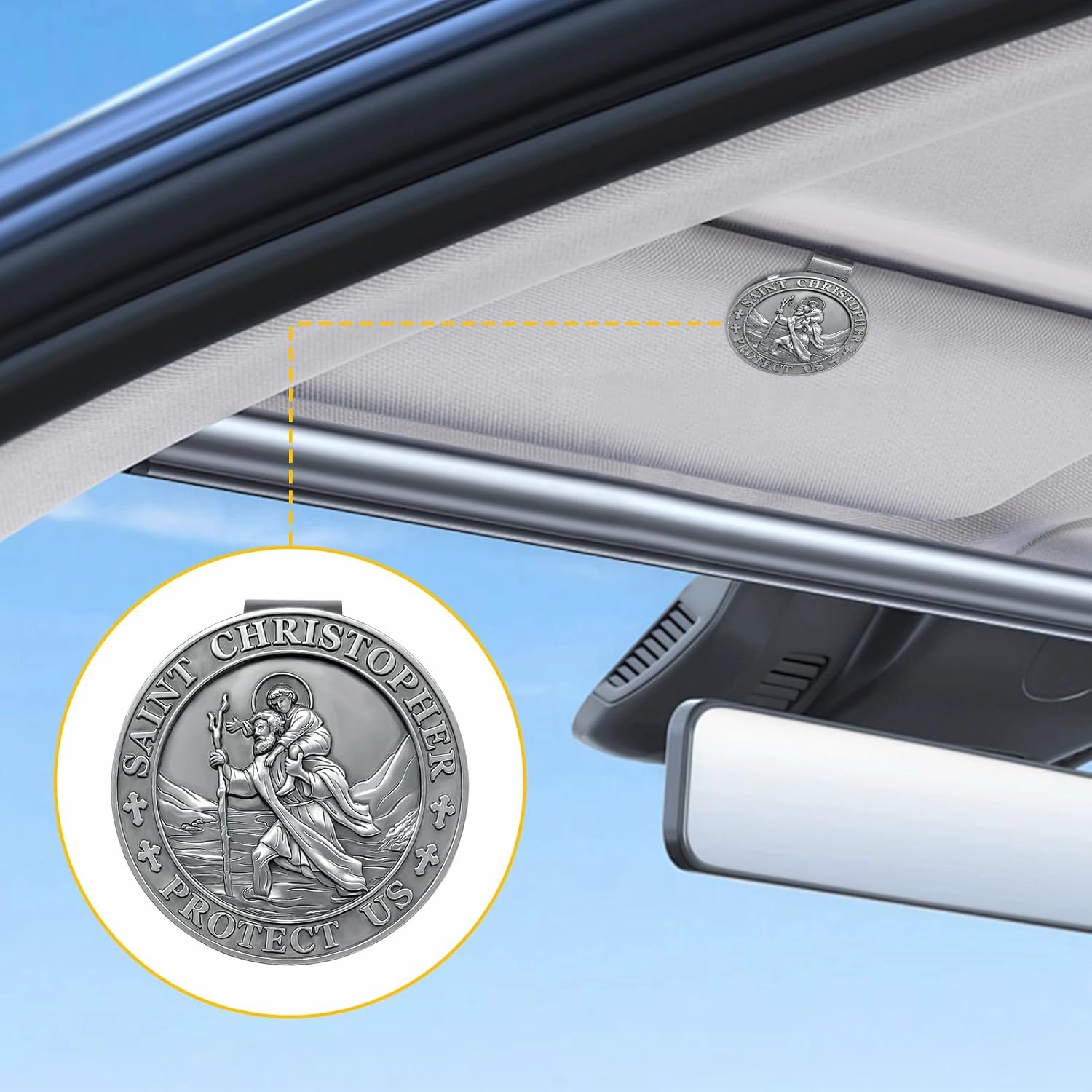 Saint Christopher Medal for Car, Visor Clips for Cars, St Christopher Medal for Car Visor, Gift for Drivers, Car Travel Accessories for Long Trips Families, Friends (Style1, 2 Pack)