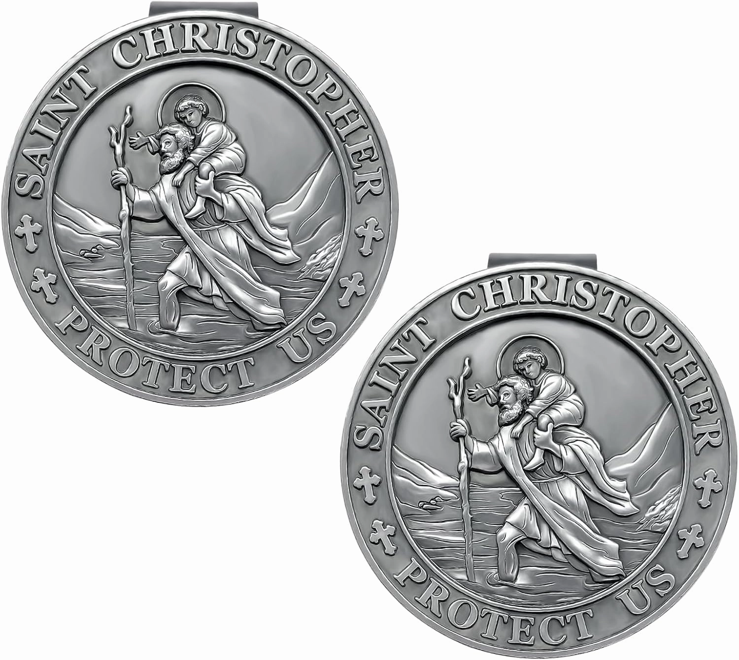 Saint Christopher Medal for Car, Visor Clips for Cars, St Christopher Medal for Car Visor, Gift for Drivers, Car Travel Accessories for Long Trips Families, Friends (Style1, 2 Pack)
