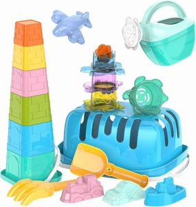 Sandbox, Beach and Bath Toys Set for Kids 18 Pcs | Stacking Cups, Watering Can, Bucket, Shovels, Rake & Toy Cars for Baby Boys & Girls | Sand, Water Outdoor & Indoor Games for Toddlers | Kids Ages 1 
