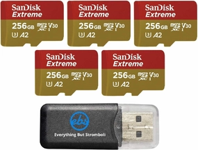 SanDisk Extreme 256GB MicroSD Memory Card (5 Pack) Works with DJI Drone Series Mini 4 Pro (SDSQXAV-256G-GN6MN) V30 A2 4K UHD UHS-I Bundle with (1) Everything But Stromboli MicroSDXC Card Reader