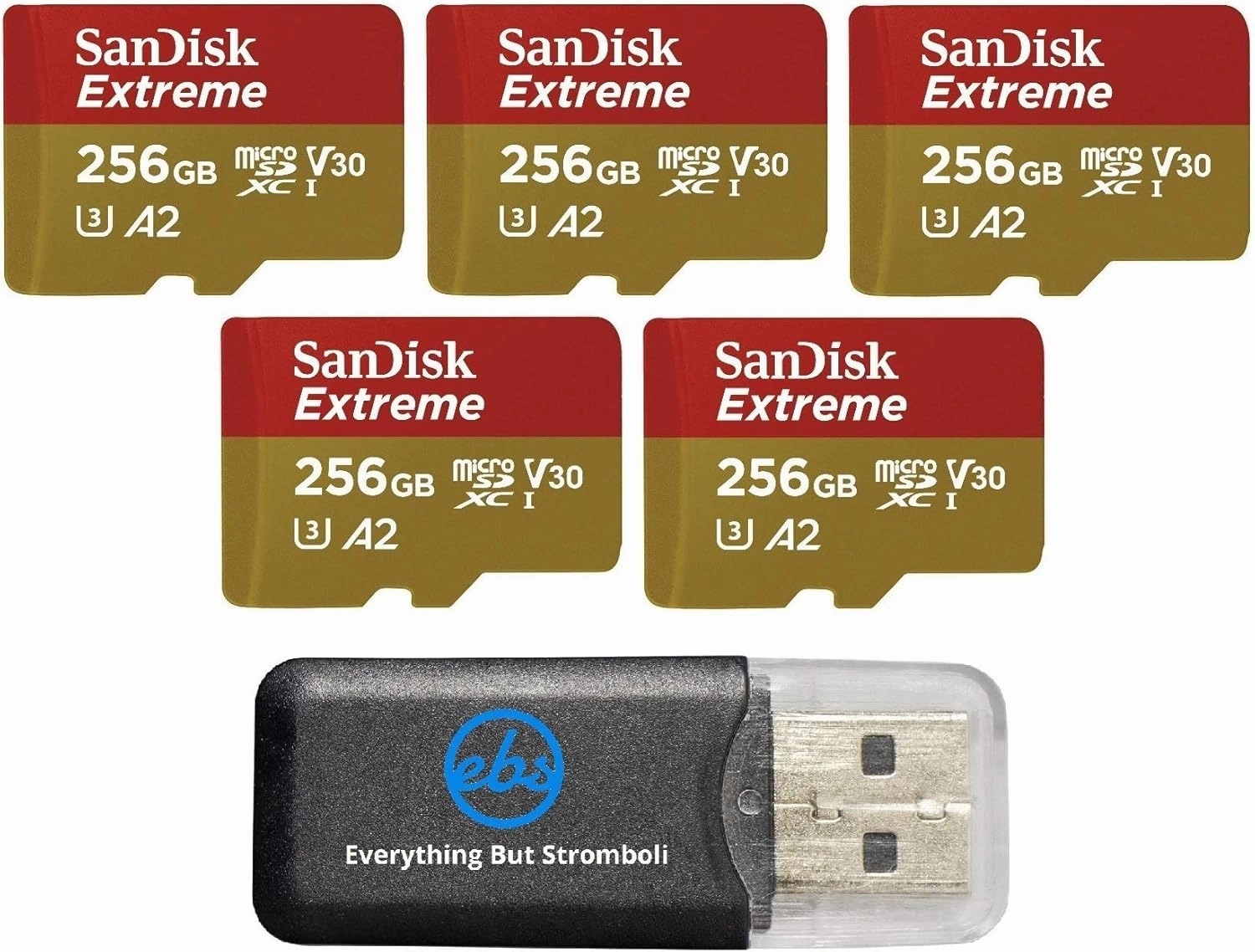 SanDisk Extreme 256GB MicroSD Memory Card (5 Pack) Works with DJI Drone Series Mini 4 Pro (SDSQXAV-256G-GN6MN) V30 A2 4K UHD UHS-I Bundle with (1) Everything But Stromboli MicroSDXC Card Reader