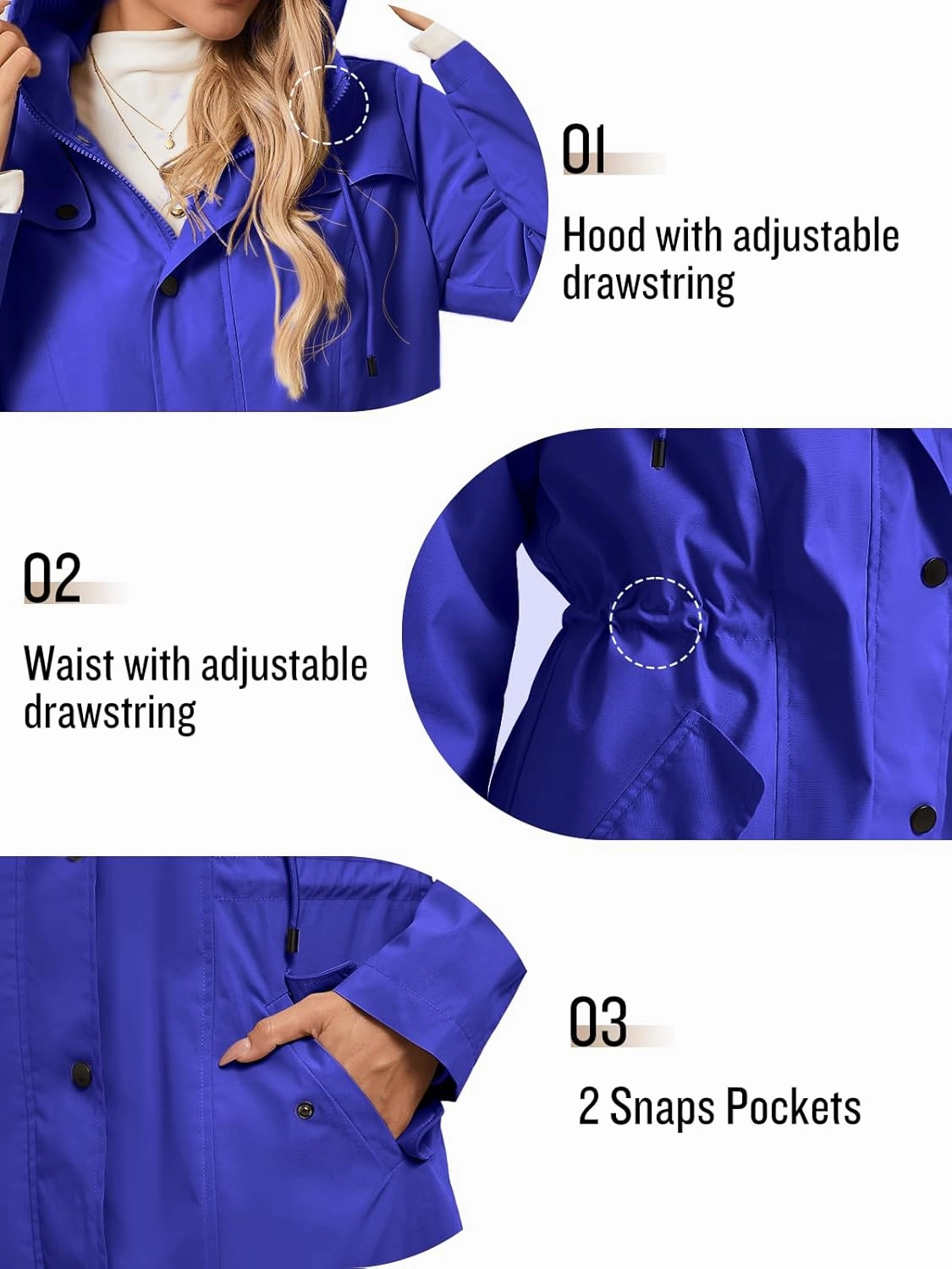SaphiRose Women's Long Rain Jacket Waterproof Rain Coat with Hood Outdoor Light Raincoats Windbreaker