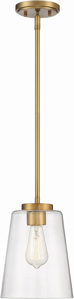 Savoy House 7-1027-1-322 Calhoun Modern Clear Glass Bell Pendant, 1-Light 60 Watt, 11" H x 8" W, Warm Brass
