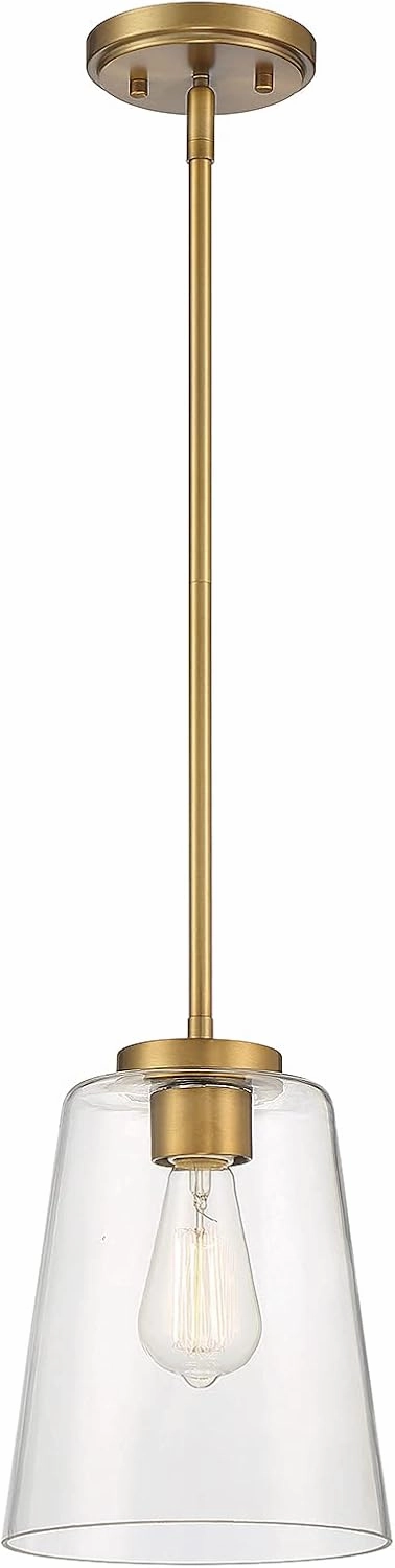 Savoy House 7-1027-1-322 Calhoun Modern Clear Glass Bell Pendant, 1-Light 60 Watt, 11" H x 8" W, Warm Brass